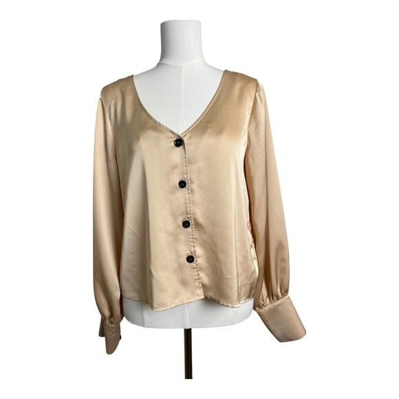 Satin Blouse Shirt Top Career Cottagecore Romantic Business Casual Button Down S - Picture 1 of 5
